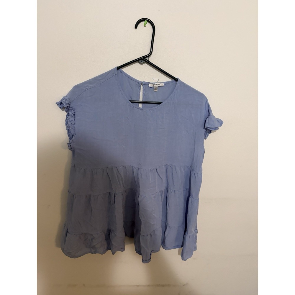 JODIFL Womens S Blue Solid Round Neck Short Sleeve Ruffle Trim Blouse